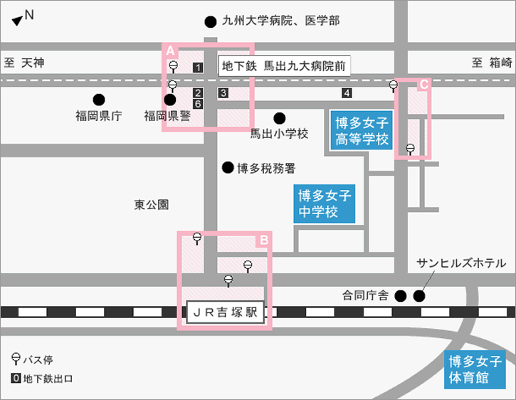 最寄り駅・バス停・中学・高校・体育館との位置関係 詳細図